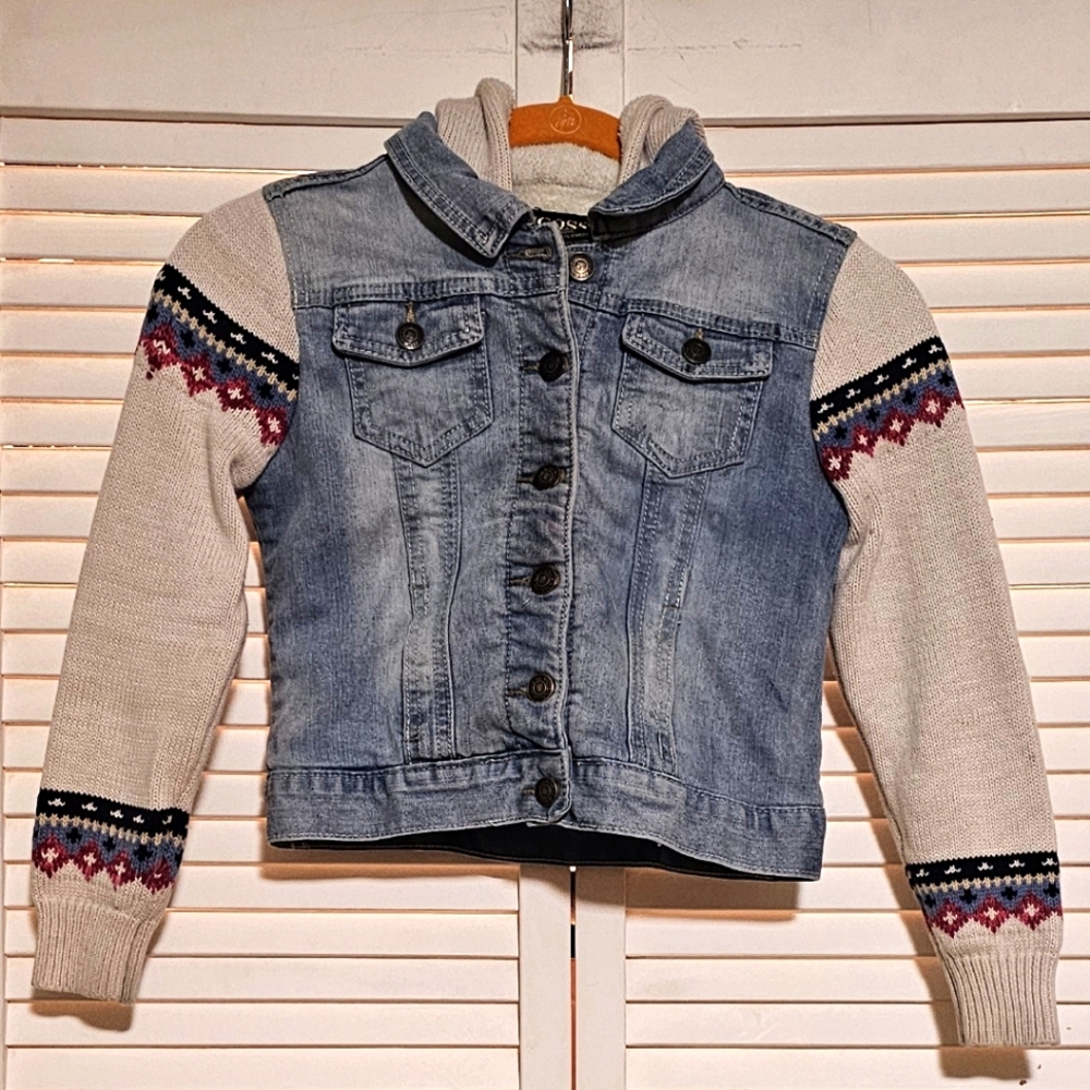 Vigoss Jean Jacket fleece lined with Striped sweater arms Size 7. F16